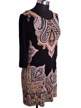 Cha Cha Vente Women's Paisley Mandala Print Black Tunic Dress Size L  3/4 Sleeve